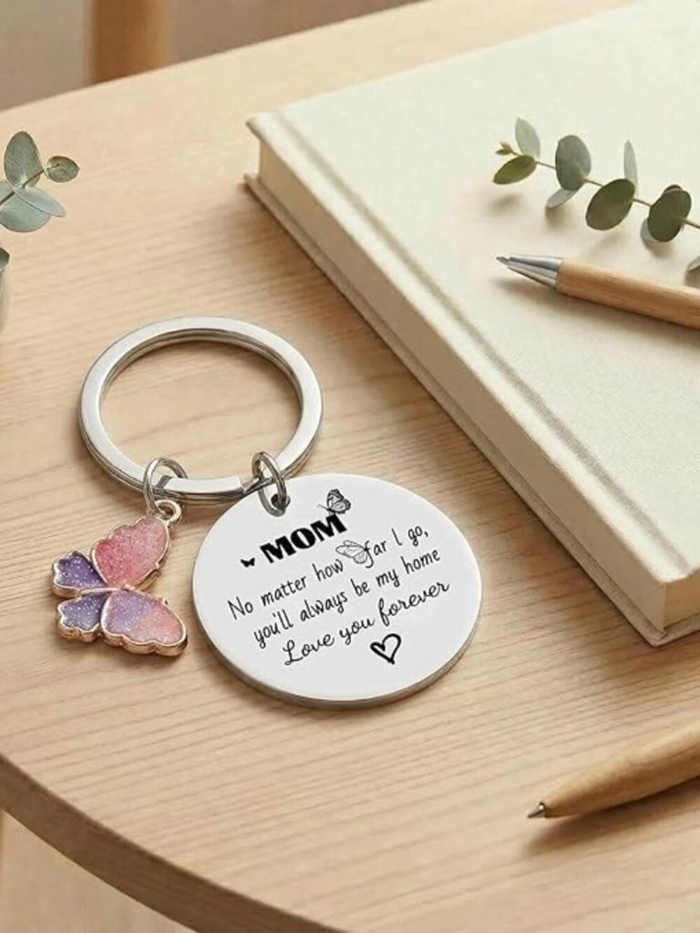 Mothers Day Gift Mom Engraved Round Keychain with Pink & Purple Butterfly Charm